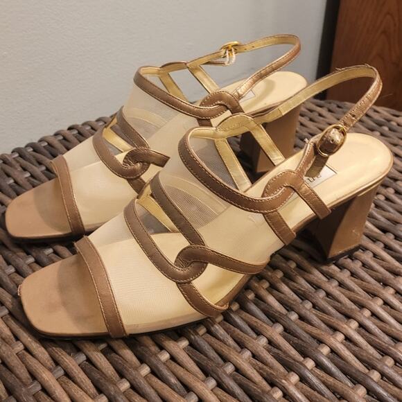 ANN MARINO Women Bronze Nude Clear Mesh Strappy Sandals Sz 6.5 3" Heel Old Money - Picture 1 of 9